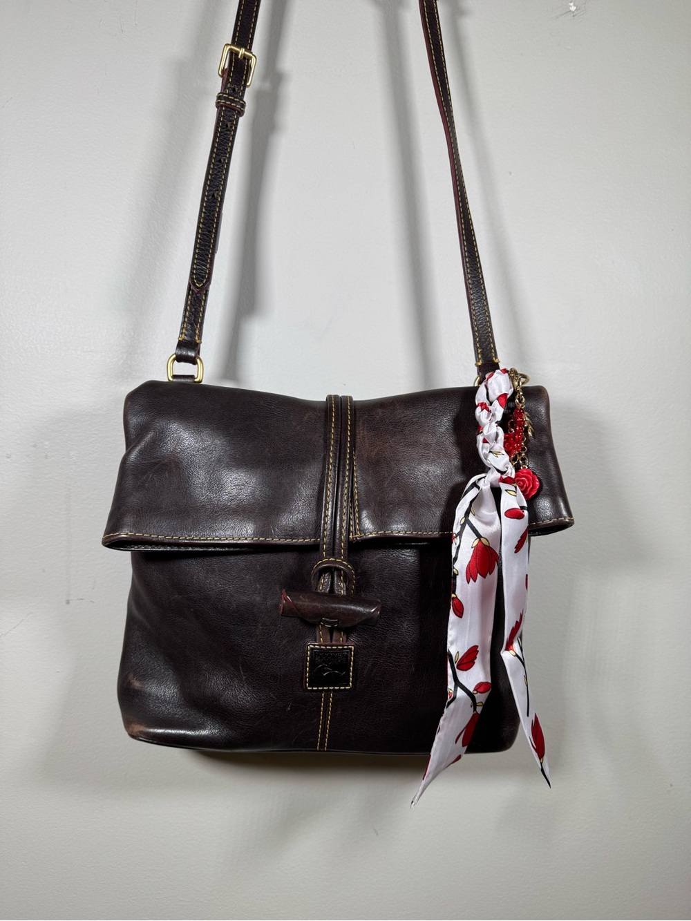 Dooney & Bourke Dark Brown Leather Cross Body Bag w Red & White Scarf